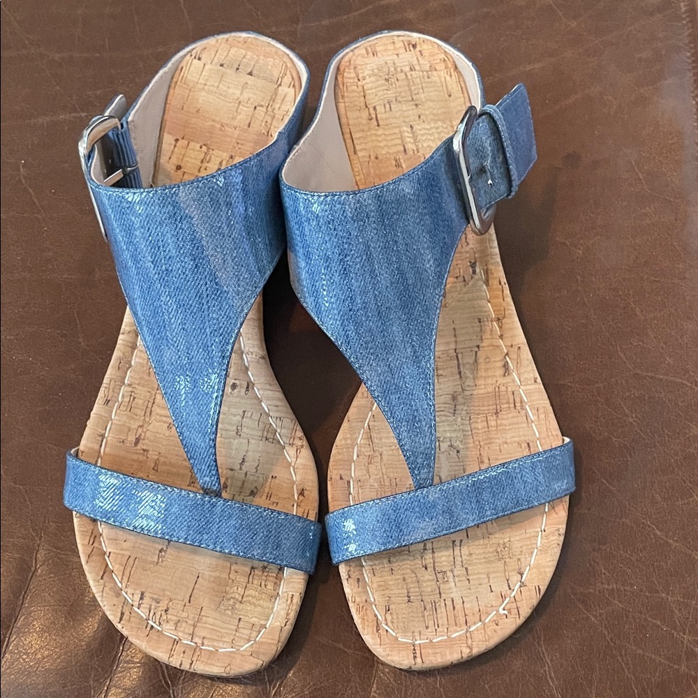 Denim-Textured Cork Wedge Sandals with Buckle Strap size 8